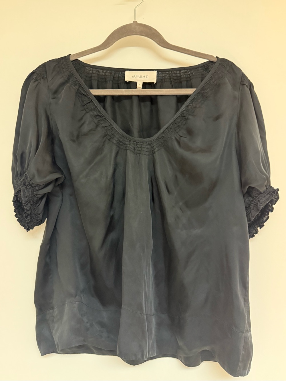 THE GREAT. Black Silk Scoop Neck Short Sleeve Blouse